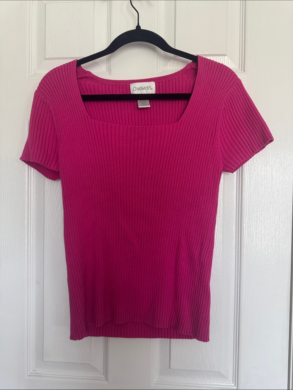 Chadwicks Fuchsia Ribbed Square-Neck Short Sleeve Top